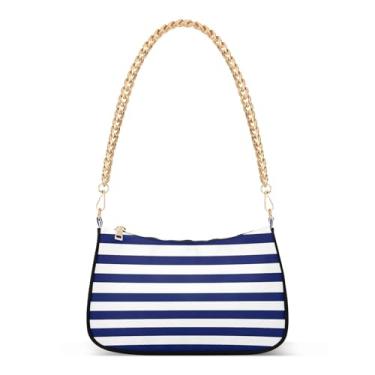 Imagem de Bolsa de ombro listrada azul e branca, bolsa feminina Hobo média com grande capacidade e opções de transporte versáteis