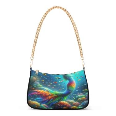Imagem de Bolsa de ombro com corrente estética do oceano com plantas de animais coloridas, bolsa feminina Hobo para uso diário e noturno