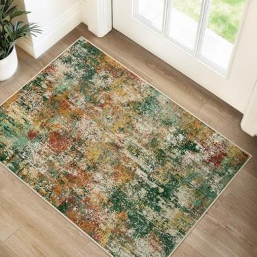 Imagem de RELEANY Tapetes laváveis de 6,5 x 7,5 cm, antiderrapante, moderno, abstrato, macio, para sala de estar, entrada, quarto, berçário, estampado, verde, laranja, ferrugem, vermelho, creme, colorido