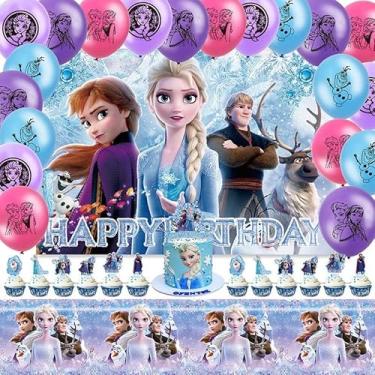 Imagem de 27 peças para configuração de festa temática Frozen, decorações fáceis de montar, incluindo topos de bolo DIY infantis e conjuntos de pano de fundo, perfeitos para festas de aniversário infantis