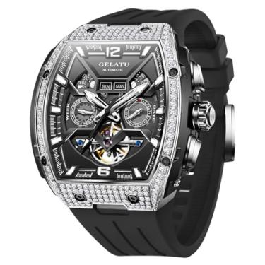 Imagem de OLEVS GELATU Relógio masculino automático Tonneau relógio esqueleto mecânico 50 m, impermeável, cristal de safira, mostrador quadrado, multifunção de calendário, Preto