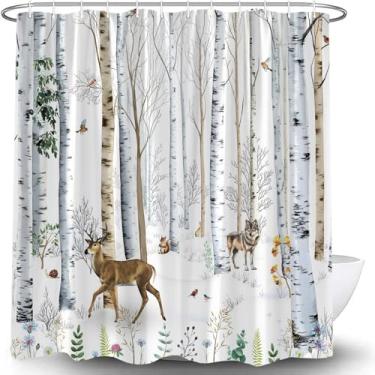 Imagem de CWHCWA Cortina de chuveiro rústica floresta campestre veado lobo cabana floral bétula animal selvagem fazenda chalé bonito vida selvagem aquarela natureza cênica decoração de banho cortina com ganchos