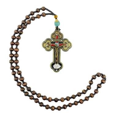 Imagem de RZRHMUHN Colar de cruz de contas de rosário de madeira, pingente de cruz católica, colar de cruz católica, crucifixo de Jesus religioso (ciano)
