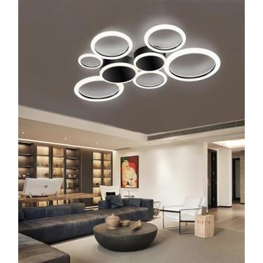 Imagem de Luminária de teto LED moderna para interiores, com intensidade regulável, ideal para sala de estar, quarto, sala de jantar e escritório (preta, 8 anéis).