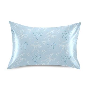 Imagem de Wassud Fronha de cetim com laços azuis macios para cabelo e pele, fronhas de seda lisa, tamanho queen, capas de almofada respiráveis com fecho de envelope