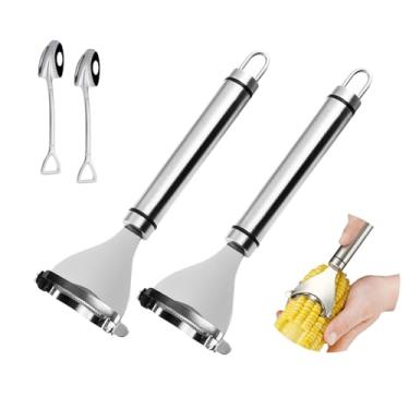 Imagem de 2 pacotes de ferramenta descascador de milho e espiga de aço inoxidável | Aparelho de cozinha multifuncional para remoção de milho na espiga, debulhador e caroço em segundos