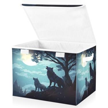 Imagem de Blueangle Cestos de armazenamento de lobo da lua noturna com tampas, 42 x 32 x 30 cm, grande cesta organizadora dobrável para decoração de escritório e armário (566)