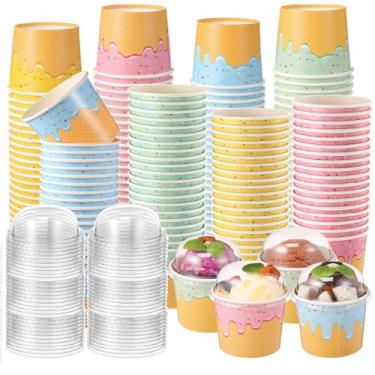 Imagem de Jingmore Copos de papel de sorvete de 100 unidades com tampas transparentes sem furos, copos de sobremesa descartáveis a granel, tigelas de sobremesa, recipientes de sudae para lanche, sopa de iogurte