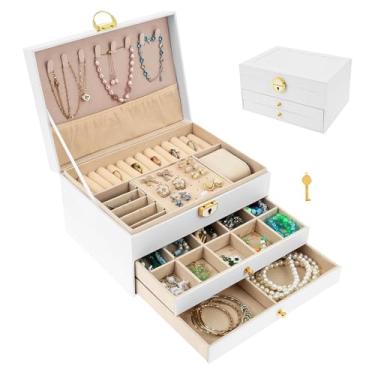 Imagem de Organizador de joias de couro PU com cadeado 3 camadas forrado de veludo caixa de armazenamento para mulheres, estojo de joias de viagem para colar, pulseira, brinco e coleção de anéis (branco)