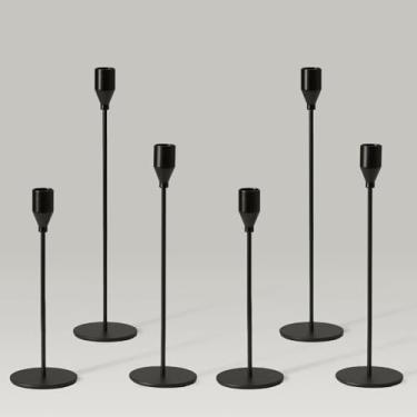 Imagem de Pickood Conjunto de 6 castiçais altos cônicos, modernos e pretos foscos longos (alturas: 9/11/13 polegadas), base antiderrapante de ferro pesado para decoração moderna de mesa de manto de lareira