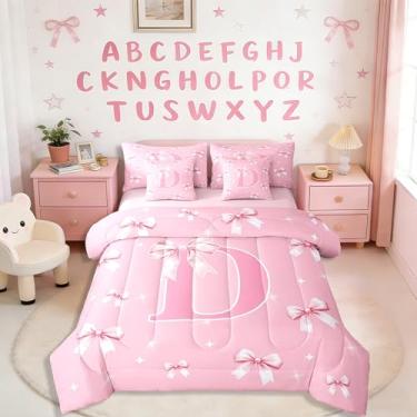 Imagem de Erosebridal Conjunto de edredom solteiro com laço de letras fofas, 7 peças, letra D, rosa, laço aquarela e nó para mulheres, moda feminina, princesa, conjunto de cama