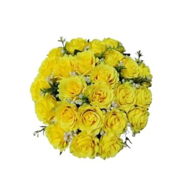 Imagem de Buquê de Rosas Artificiais com Folhagem C/24 Flores – Arranjo Decorativo Realista para Casa, Festa e Presente(Amarelo)