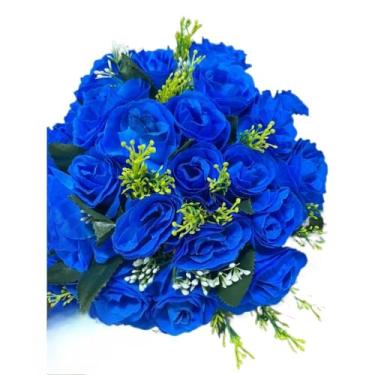 Imagem de Buquê de Rosas Artificiais com Folhagem C/24 Flores – Arranjo Decorativo Realista para Casa, Festa e Presente(Azul -3916/4581)