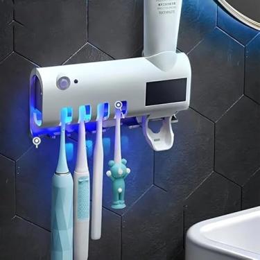 Imagem de Dispenser de Pasta de Dente e Suporte Esterilizador UV | Esterilizador de Escovas Solar e USB 3 em 1 | Organizador de Banheiro Antibacteriano | Aplicador Automático de Creme Dental