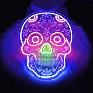 Imagem de Whfobfe Placa de néon de crânio floral, luzes de néon LED, placas de néon para decoração de parede, sinais de néon LED alimentados por USB para decoração de quarto