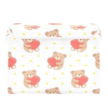 Imagem de Wassud Cestos de armazenamento dobráveis com tampas, ursos e corações vermelhos, cestas organizadoras de tecido dobráveis para armário, decoração sazonal de casa 40 x 30 x 30 cm