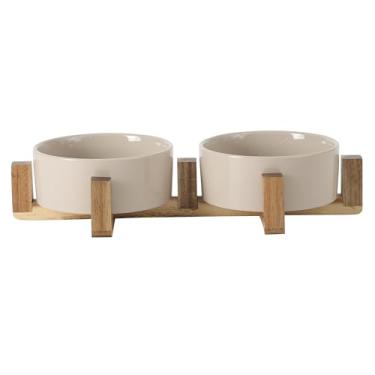 Imagem de Gibson Home Zoomie Bites Tigela de cerâmica para cães e gatos com suporte de madeira de acácia, antiderrapante, fosca, conjunto de água para alimentos para gatos e cães pequenos/médios, tigelas de 14
