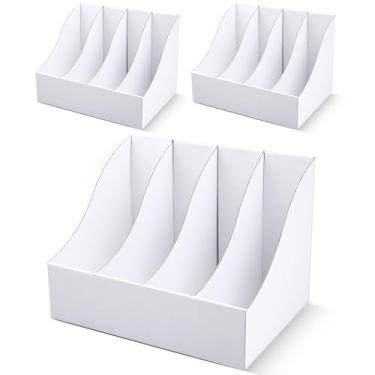 Imagem de Fiwochic Pacote com 3 porta-arquivos de papelão 27 x 26 x 35 cm, caixa de armazenamento de documentos de revista vertical de quatro grades para prateleiras de mesa, escritório em casa (branco)