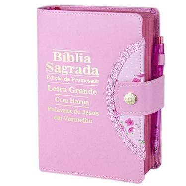 Imagem de Bíblia Sagrada Letra Grande - Rosa - Botão e Caneta Revista e Corrigid