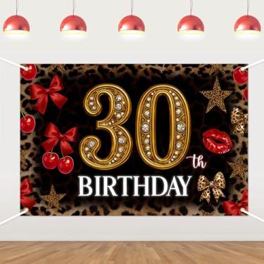 Imagem de Cenário de aniversário de 30 anos com tema de leopardo, decoração de festa de aniversário de chita cereja, fundo fotográfico para meninas selvagens, tema leopardo, artigos de festa de aniversário de