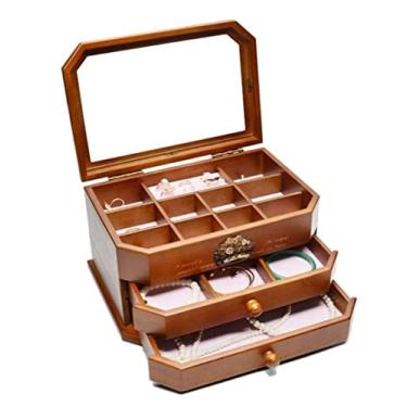 Imagem de Caixa de joias de madeira maciça, caixa organizadora de joias de 3 camadas, estojo de armazenamento para brinco, anel, colar, pulseira, suporte de joias, 28 x 18,5 x 16,5 cm (A 28 x 18,5 x 16,5 cm)