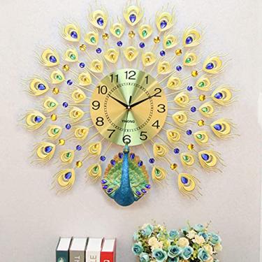 Imagem de Relógio de parede grande diamantes 3D pavão sem tique-taque números árabes silenciosos mostrador dourado relógios de ferro arte decorativa relógio de parede, relógio de parede para decoração de casa