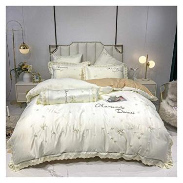 Imagem de Jogo de cama de seda lavada, capa de colcha europeu, bordado de seda, patinação de seda, quatro peças com fronhas, tamanho queen (queen branco)