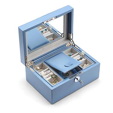 Imagem de U5GAAALPPQ9 Caixa de joias com trava caixa de joias espelho organizador de joias 2 camadas caixa de exibição de joias presente entes queridos suporte de anel de armazenamento (cor: rosa) (azul)