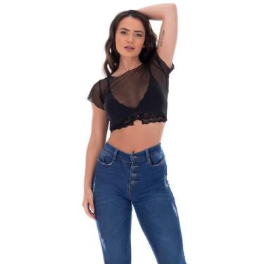 Imagem de Blusinha Cropped Tule Transparente Fristyle Manga Curta Preto Liso Adu