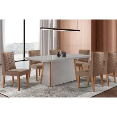 Imagem de Conjunto: Mesa Sala Jantar Tilia Curvo 180cm + 6 Cadeiras Dafne Madeira Naturale/Off White - Capuccino/Suede Capuccino - Rufato