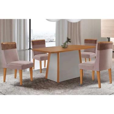 Imagem de Conjunto: Mesa de Cozinha Tilia c/ Tampo Madeirado Canto Curvo 120x80cm e 4 Cadeiras Jaspe Naturale/Off White - Linho Capuccino - Rufato