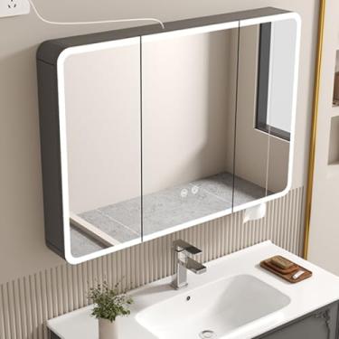 Imagem de Armário de armazenamento de banheiro moderno montado na parede com espelho de LED antiembaçamento, luzes de escurecimento contínuas, unidade de alumínio, suporte de beleza e suporte de papel para