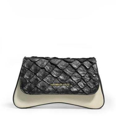 Imagem de BOLSA FEMININA EM COURO TIRACOLO PIRARUCU OFF WHITE COM PRETA ”ANA MARIA SCARAMAL ANIZEL"-Feminino