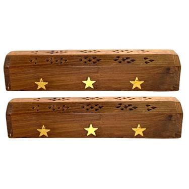Imagem de Crystalo - Pacote com 2 varetas de incenso de madeira para caixão - incrustações de latão de 30,5 cm - Compartimento de armazenamento (estrela grande)