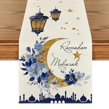 Imagem de Caminho de mesa Ramadan Eid, design de lua e ouro, toalha de mesa de jantar resistente ao calor, decoração de cozinha e entrada, decoração de casa elegante para férias e uso diário (versão azul