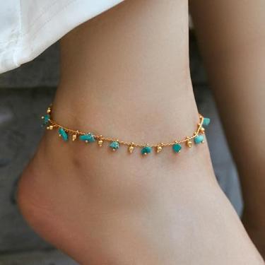 Imagem de Tornozeleira de corrente dourada com contas turquesa elegantes