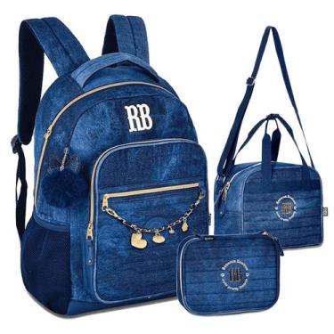 Imagem de Kit Mochila De Costas Estojo Lancheira Rebecca Bonbon Jeans Azul Nova 