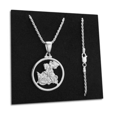 Imagem de Cordão Baiano Pingente Medalha São Jorge Prata 925 Legítima Original M