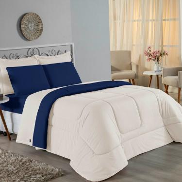 Imagem de Kit Edredom Dupla Face + Jogo De Lençol Queen Nobre 7 Peças Malha 100% Algodão - Palha / Azul-marinho
