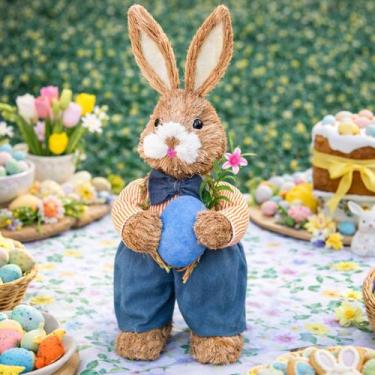 Imagem de Boneco Coelho Decoração Enfeite Páscoa Palha Artesanal 45cm - Genérico