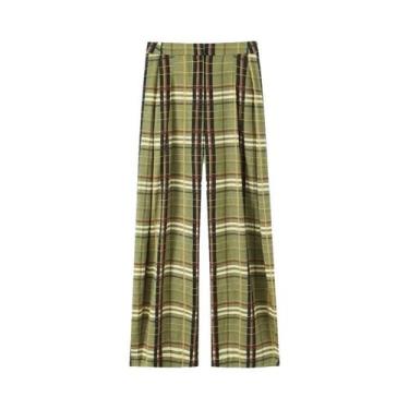 Imagem de Calças Femininas De Perna Larga Xadrez, Cintura Média, Caimento Solto,