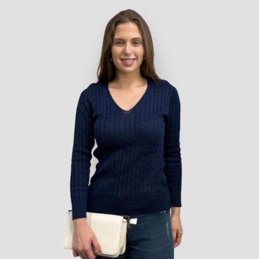 Imagem de Blusa Feminina Tricot Transinha Gola V Basica Elastano Manga Longa - G