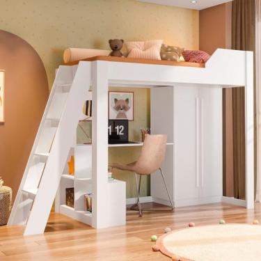 Imagem de Cama Alta Beliche Office Infantil e Juvenil com Escrivaninha e Roupeir