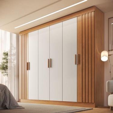 Imagem de Guarda Roupa Casal Ripado 6 Portas com Pés Siena Faimec, Freijo/Off Wh