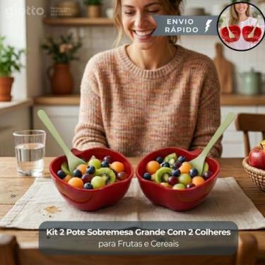 Imagem de Kit 2 Potes Sobremesa Grande Com 2 Colheres Frutas Formato Maçã Vermel