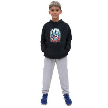 Imagem de Conjunto Infantil Menino Estampa Tubarao Blusa Canguru e Calça Moletom Toque Macio-Masc...