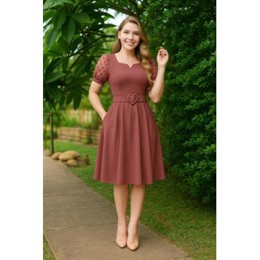 Imagem de Vestido Com Cinto Plus Size Gode Evangelico Elegante Decote Em V Manga