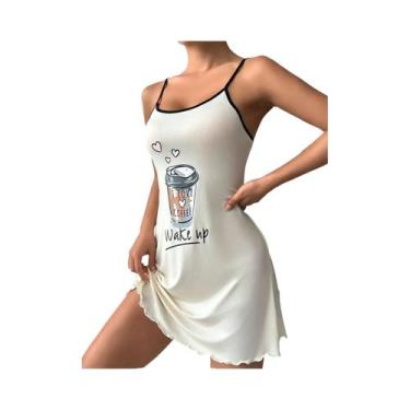 Imagem de Camisola Feminina De Verão Com Estampa De Letras Cor Café, Alças Finas