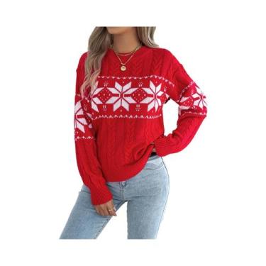 Imagem de Suéter Feminino De Natal Com Padrão De Floco De Neve Em Cores Contrast