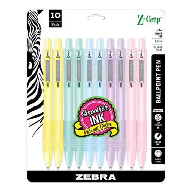 Imagem de Zebra Pen Z-Grip Caneta esferográfica retrátil pastel pacote com 10, barris de cores sortidas, ponta média de 1,0 mm, tinta preta, tinta de baixa viscosidade, aderência sem látex, fonte de tinta